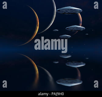 Tre Lune e astronavi in blu dello spazio profondo. Foto Stock