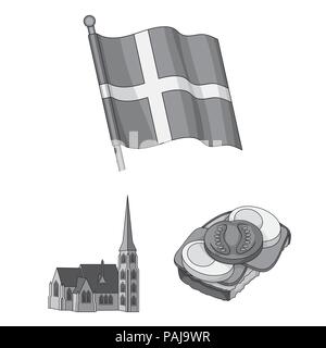 Viaggiare in Danimarca icone monocromatiche in set di raccolta per il design. Danimarca e attrazioni simbolo vettore illustrazione stock. Illustrazione Vettoriale