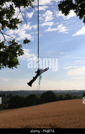 Swing corda pendente da un albero su terreni agricoli in inglese. Foto Stock