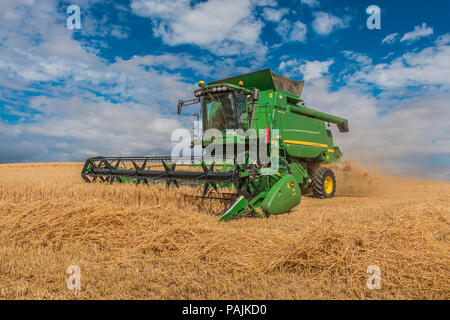 Agricoltura del Regno Unito, John Deere mietitrebbia Hillmaster durante il lavoro su un inverno di raccolto di orzo Foto Stock