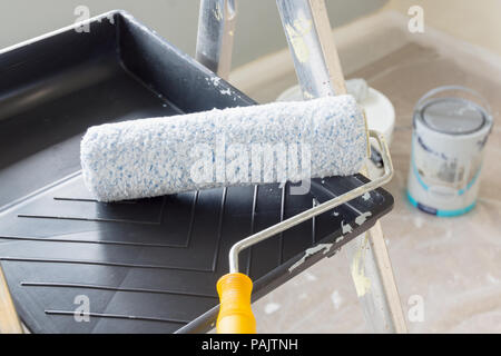 Pittura e decorazione con un rullo e il vassoio su un set di metallo passo delle scale con le lattine di vernice e un Telo antipolvere in background Foto Stock