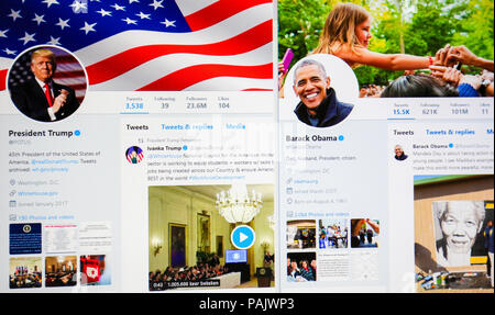 Bruxelles, Belgio - 21 Luglio 2018: il twitter ufficiale pagina di Trump e Barack Obama, la 45th e la 44th PRESIDENTE DEGLI STATI UNITI D'AMERICA. Foto Stock