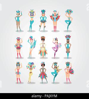 Gruppo di belle ragazze carnevale caratteri illustrazione vettoriale design Illustrazione Vettoriale