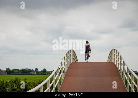 Lone ciclista femmina sul ponte sul percorso Windmill Holland Foto Stock