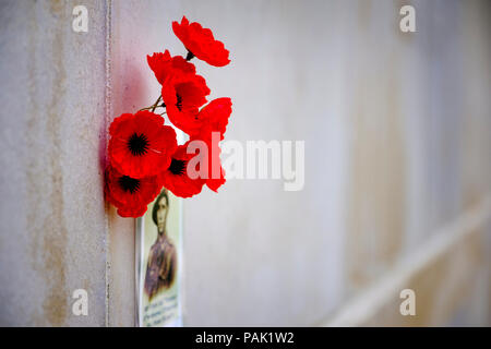 I papaveri sul muro del ricordo presso l'Australian National Memorial presso Villers-Bretonneux cimitero militare nei pressi di somme nel nord della Francia. Foto Stock