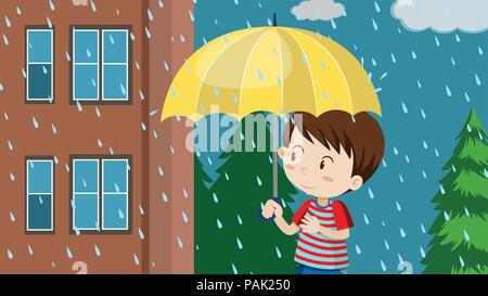 Ragazzo con ombrellone a piedi nella illustrazione di pioggia Illustrazione Vettoriale