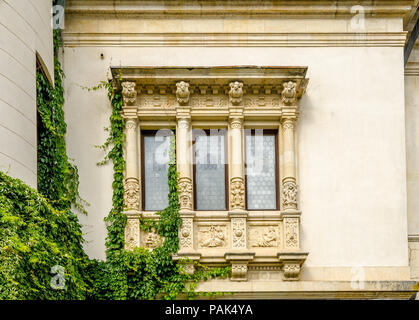 Finestra al Castello di Peles in Sinaia città della Romania con belle stine e decorazioni a stucco e verde edera Foto Stock