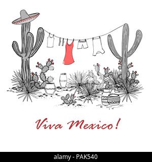 Funny disegnati a mano illustraytion con vasi, agave blu, fichidindia e servizio lavanderia appeso su uno stendibiancheria. Latin American background. Paesaggio messicano Illustrazione Vettoriale