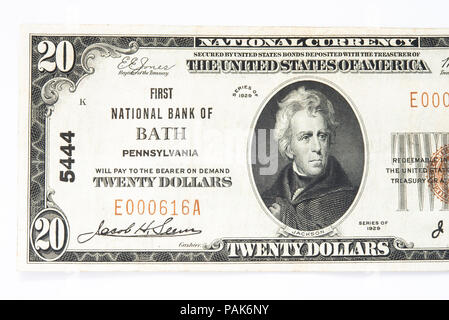 A noi di venti dollari banca nota dalla prima banca nazionale del bagno, Pennsylvania. Foto Stock