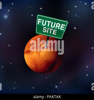 La vita su Marte concetto come una futura colonia marziano sito come un pianeta rosso astronomia colonizzazione idea nello spazio con stelle come una rappresentazione in 3D. Foto Stock