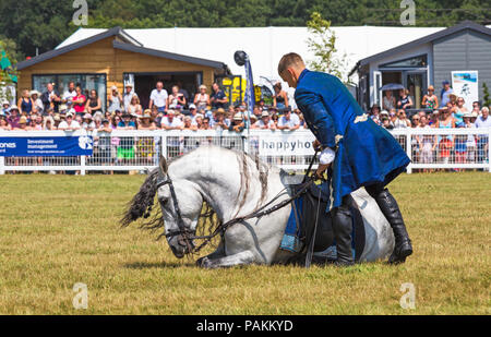 Brockenhurst, Hampshire, Regno Unito. 24 luglio 2018. La folla affluisce al primo giorno del New Forest & Hampshire County Show in una calda giornata di sole. Ben Atkinson e il team Atkinson Stunt display, apparsi in Poldark e Peaky Blinders, entusiasmano la folla con i loro trucchi e acrobazie, tra cui Roman Riding, Drags, Falls, Pick UPS, ribaltamenti, cavalli che allevano e si stendono. Crediti: Carolyn Jenkins/Alamy Live News Foto Stock