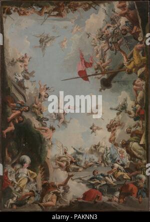 La glorificazione della famiglia Giustiniani. Artista: Giovanni Domenico Tiepolo (Italiano, 1727-1804 Venezia Venezia). Dimensioni: 46 x 32 1/2 in. (116,8 x 82,6 cm). Data: 1783. Il presente modello è per un soffitto del Palazzo Ducale di Genova (distrutto). In cima alla scalinata Jacopo Giustiniani si inginocchia davanti a una personificazione della Repubblica ligure. Una femmina nell'angolo in alto a sinistra rappresenta la isola di Chios; lei che regge un cartiglio con la sigla V.I. e 1562, in riferimento a una cinquecentesca governatore dell'isola, Vincenzo Giustiniani. Le figure in abiti orientali a destra alludono alla Foto Stock