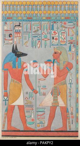 Il re con Anubis, tomba di Haremhab. Artista: Lancelot gru. Dimensioni: Facsimile H. 63 cm (24 13/16 in); w. 35,5 cm (14 in) scala ignoto incorniciato H. 65,4 cm (25 3/4 in); w. 38,7 cm (15 1/4 in.). Dynasty: Dynasty 18. Regno: regno di Haremhab. Data: ca. 1323-1295 A.C. Museo: Metropolitan Museum of Art di New York, Stati Uniti d'America. Foto Stock