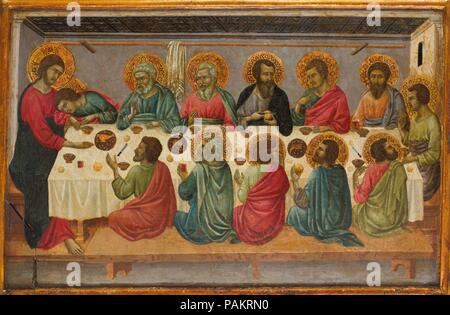 L'Ultima Cena. Artista: Ugolino da Siena (Ugolino di Nerio) (italiano, Siena, attivo dal 1317-morto ?1339/49). Dimensioni: complessivamente, con innestata (moderno) telaio, 15 x 22 1/4 in. (38,1 x 56,5 cm); superficie dipinta 13 1/2 x 20 3/4 in. (34,3 x 52,7 cm). Data: ca. 1325-30. Ugolino da Siena era il più originale e compiuta seguace di Duccio di Buoninsegna, il più grande pittore senese del XIV secolo. Tra Ugolino è più importante delle commissioni è stato il multi-pannello pala per l altare maggiore della basilica di Santa Croce, la chiesa francescana di Firenze. Questo dipinto dell'Ultima Cena formato pa Foto Stock