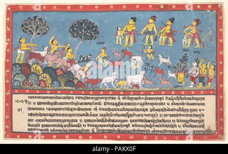 Krishna, Balarama e il Cowherders: pagina da un disperso Bhagavata Purana (storie antiche del signore Vishnu). Cultura: (India Orissa). Dimensioni: 9 5/8 x 15 1/4 in. (24,4 x 38,7 cm). Data: 1800-1825. Krishna e Balarama, in basso a destra, unire gli altri gopas (cowherders) nei campi di Vrindavan. Museo: Metropolitan Museum of Art di New York, Stati Uniti d'America. Foto Stock