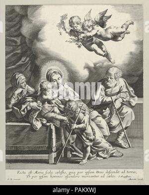 La Santa Famiglia con il giovane Giovanni Battista e di santa Elisabetta, due angeli sopra, dopo Reni. Artista: Dopo Guido Reni (italiano, Bologna 1575-1642 Bologna); anonimo del XVII secolo. Dimensioni: Foglio (rifilati): 10 9/16 x 8 1/4 in. (26,8 × 20,9 cm). Editore: Mariette (Parigi). Data: ca. 1600-1640. Copia dopo Reni con iscrizione. Il retro non è visibile come la stampa è prevista su un altro foglio di carta. Museo: Metropolitan Museum of Art di New York, Stati Uniti d'America. Foto Stock