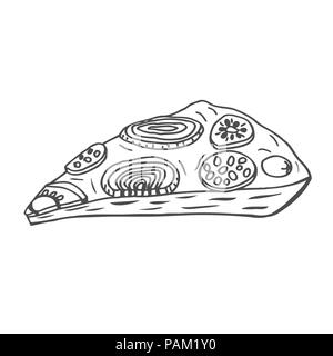 Un trancio di pizza illustrazione vettoriale,prodotto italiano, schizzo pizza inchiostro nero su sfondo bianco Illustrazione Vettoriale