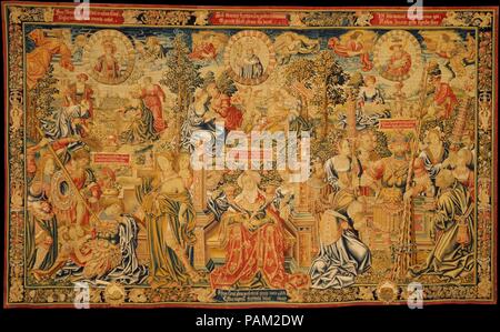 I dodici età dell'uomo: il secondo tre età dell uomo (18-36), o d'estate. Autore: autore di iscrizioni eventualmente Jerome van Busleyden (Hieronymus Buslidius) (ca. 1470-1517). Cultura: fiamminga di Bruxelles. Progettista: probabilmente dopo un design by Officina di Bernard van Orley (Netherlandish, Bruxelles ca. 1492-1541/42 Bruxelles). Dimensioni: H. 174 1/2 x W. 289 pollici (443.2 x 734.1 cm.). Data: ca. 1515. Questo arazzo illustra la seconda tre età dell uomo, equiparata con la bridesman, in una composizione tripartita. Questi diciotto anni di vita corrispondono ai mesi di aprile, maggio e giugno, e Foto Stock