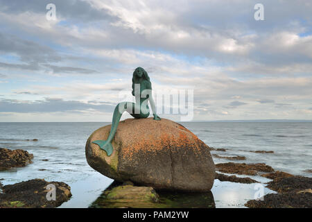 Mermaid del Nord appollaiato sulla roccia nera (Clach Dubh) sulle rive del Moray Firth in Balintore, Highlands scozzesi Foto Stock