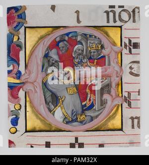 Manoscritto con il martirio di Santo Stefano in una iniziale e da un graduale. Artista: Niccolò di Giacomo da Bologna (italiano, Bologna, active 1349-1403). Cultura: Italiano. Dimensioni: complessivo: 7 1/2 x 6 15/16 in. (19 x 17,6 cm) Mat dimensioni: 19 1/4 x 14 1/4 in. (48,9 x 36,2 cm). Data: ca. 1394-1402. Un Arcivescovo di Lucca, la cui famiglia è servita come banchieri per il papa, commissionato Niccolò da Bologna, un rinomato illuminatore, di creare una serie di libri di coro per la Certosa di Farneta nelle vicinanze. Nel XIX secolo i monaci dovevano vendere i libri, che alla fine sono stati Foto Stock
