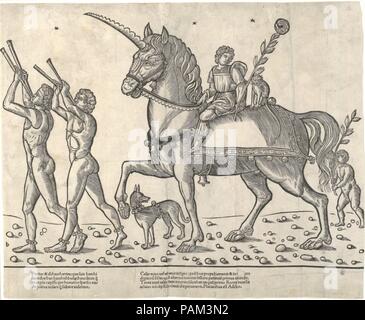 Trombettieri Ceasar leader a cavallo tra 'i Trionfi di Cesare". Artista: Giacobbe di Strasburgo (scuola italiana, nato l'Alsazia, attivo a Venezia, 1494-1530); dopo Benedetto Bordone (italiano, Padova ca. 1455/60-1530 Padova, attiva principalmente Venezia dal 1488). Dimensioni: foglio: 13 1/16 x 15 7/8 in. (33,1 x 40,4 cm). Data: 1504. Parte di una xilografia fregio di dodici fogli (27.54.118-27.54.128). Museo: Metropolitan Museum of Art di New York, Stati Uniti d'America. Foto Stock