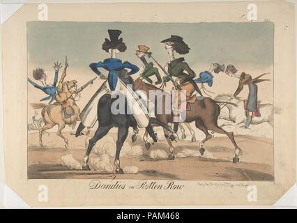 Dandies nella fila di marcio. Artista: attribuito a William Heath ("Paul Pry') (British, Londra Hampstead 1795-1840). Dimensioni: piastra: 9 13/16 x 13 3/4 in. (24,9 x 34,9 cm) foglio: 10 9/16 x 15 1/16 in. (26,8 x 38,2 cm). Editore: Thomas Tegg (British, 1776-1846). Data: 21 gennaio 1819. Riga di marcio era il soprannome per una strada stabilito lungo il bordo meridionale del Hyde Park dove i londinesi alla moda sfilavano le carrozze o rode a cavallo. Gli uomini in particolare ha utilizzato il sito per visualizzare le competenze di equitazione e mostrare il meglio della moda. Questi dandies usura sia spinto stivali con riding britches, Foto Stock