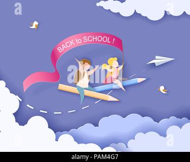 Si torna a scuola 1 settembre il card. I bambini volare sulla matita con aria palloncini. Carta tagliata stile. Illustrazione Vettoriale Illustrazione Vettoriale