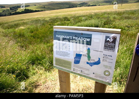 Cartello a bordo di Hannah prato della Riserva Naturale SSI Durham Wildlife Trust Country Durham Regno Unito Foto Stock