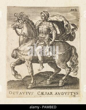 Ottavio Cesare Augusto da dodici Cesari a cavallo. Artista: Abraham de Bruyn (fiammingo, Anversa 1540-1587 Colonia (?). Dimensioni: foglio: 2 5/16 × 1 13/16 in. (5,8 × 4,6 cm). Data: ca. 1565-1587. Museo: Metropolitan Museum of Art di New York, Stati Uniti d'America. Foto Stock