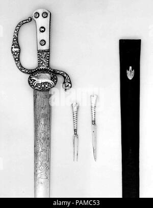 La caccia con la spada, sciabola coltello e forchetta. Cultura: tedesco. Dimensioni: L. 25 3/4 in. (65,4 cm); L. della lama 20 3/8 in. (51,7 cm); Wt. 1 lb. 9 oz. (708.7 g); peso del fodero 4 oz. (113.4 g); il coltello (c); L. 5 3/4 in. (14,6 cm); Wt. 0.5 oz. (14,2 g); la forcella (d); L. 5. (12,7 cm); Wt. 0.5 oz. (14,2 g). Data: pala datata 1656. Museo: Metropolitan Museum of Art di New York, Stati Uniti d'America. Foto Stock