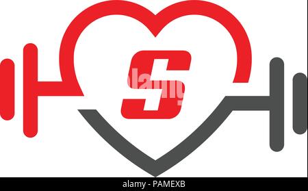 Montare l'amore con la lettera S vettore logo, cuore lettera S segno, impulso e logo dumbbell, Fitness e icona cuore vettore, Healthcare medico dello sport e la scienza Illustrazione Vettoriale