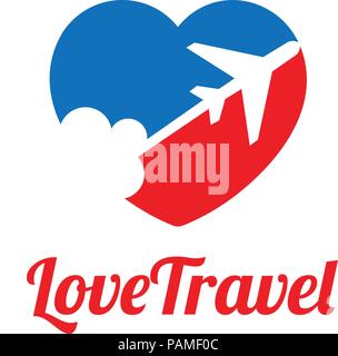 Amore travel, amore e silhouette di aereo per il trasporto e la società di viaggi. Agenzia di viaggi logo. Gli elementi di design. Illustrazione Vettoriale