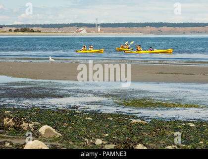 Canoe kayak Port Townsend, Puget Sound, Washington con punto faro di Wilson. Foto Stock