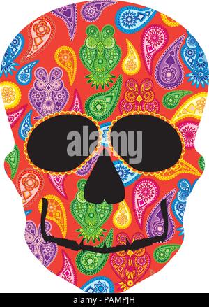 Cranio umano testa silhouette con paisley gufo floreale colorato modello profilo anteriore illustrazione Illustrazione Vettoriale