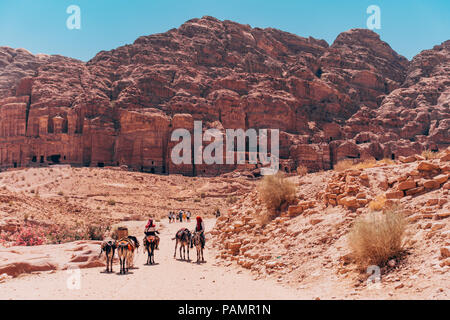 Gli uomini sul dorso di muli trek verso il basso il percorso principale nella parte anteriore delle tombe nella città perduta di Petra, Giordania Foto Stock
