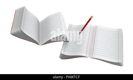 Flying notebook su sfondo bianco, con matita. Foto Stock