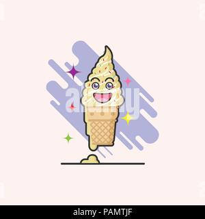 Cartoon carino di aroma vaniglia cono gelato su sfondo bianco con emozione la faccia felice. gelato illustrazione della linea sfondo. creative pastelli co Illustrazione Vettoriale