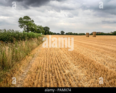 La stoppia e le balle di paglia in appena raccolti nei pressi di campo Knaressborough North Yorkshire, Inghilterra Foto Stock