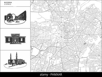 Nicosia Mappa della città con disegnati a mano le icone di architettura. Tutti drawigns, mappa di sfondo e separati per un semplice cambiamento di colore. Facile riposizionamento in vettore ve Illustrazione Vettoriale