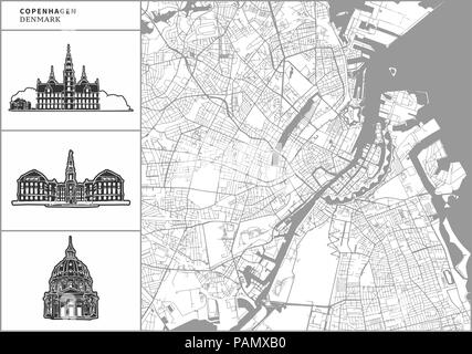 La città di Copenhagen mappa con disegnati a mano le icone di architettura. Tutti drawigns, mappa di sfondo e separati per un semplice cambiamento di colore. Facile riposizionamento in vettore Illustrazione Vettoriale