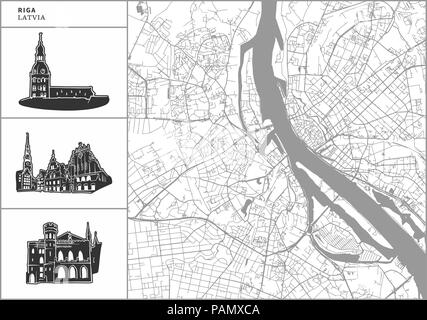 Città di Riga mappa con disegnati a mano le icone di architettura. Tutti drawigns, mappa di sfondo e separati per un semplice cambiamento di colore. Facile riposizionamento in vettore versi Illustrazione Vettoriale