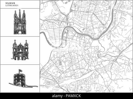 Vilnius City map con disegnati a mano le icone di architettura. Tutti drawigns, mappa di sfondo e separati per un semplice cambiamento di colore. Facile riposizionamento in vettore ve Illustrazione Vettoriale