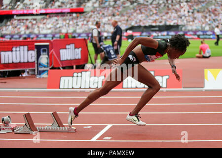 Stephenie Ann MCPHERSON (Giamaica) blocchi di partenza nelle donne 400m al 2018, IAAF Diamond League, Olympic Park, Stratford, Londra, Regno Unito Foto Stock