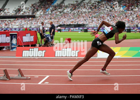 Stephenie Ann MCPHERSON (Giamaica) blocchi di partenza nelle donne 400m al 2018, IAAF Diamond League, Olympic Park, Stratford, Londra, Regno Unito Foto Stock