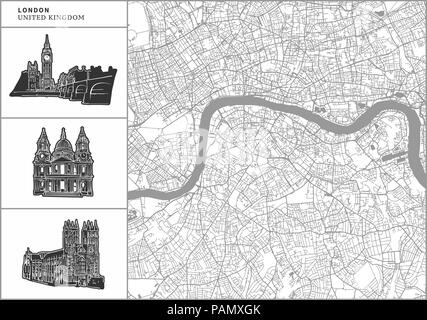 London city map con disegnati a mano le icone di architettura. Tutti drawigns, mappa di sfondo e separati per un semplice cambiamento di colore. Facile riposizionamento in vettore ver Illustrazione Vettoriale