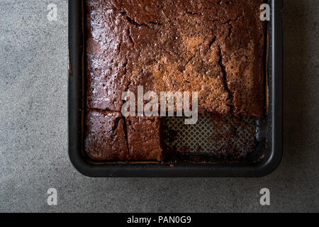 Square succosa spugna di cioccolato torta umida con la salsa in stampo. Concetto di dessert. Foto Stock