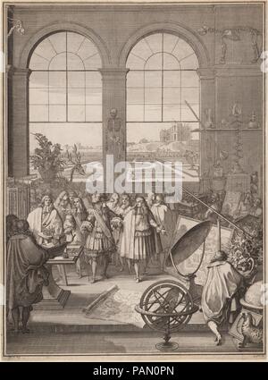 Louis XIV visitando la Reale Accademia delle Scienze. Artista: Sébastien Leclerc io (francese, Metz 1637-1714 Paris). Dimensioni: foglio: 16 1/2 x 12 1/8 in. (41,9 x 30,8 cm). Data: 1671. Artwork noto anche come: MEMOIRES POUR SERVIR A L' Histoire des animaux. Museo: Metropolitan Museum of Art di New York, Stati Uniti d'America. Foto Stock