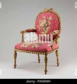 Poltrona (uno di una serie di sei). Cultura: britannico e francese. Designer: Arazzo disegnato da Maurice Jacques (Francese, 1712-1784). Dimensioni: complessivo: 42 5/8 × 28 × 26. (108,3 × 71,1 × 66 cm). Factory: intrecciarsi di fabbricazione Nationale des Gobelins (francese, stabilito 1662). Maker: Workshop di Jacques Neilson (Francese, 1714-1788); John Mayhew (British, 1736-1811); e William Ince (British, active ca. 1758/59-1794, morto 1804). Patrono: commissionato per George William Coventry, 6° Conte di Coventry (Croome corte, Worcestershire, Inghilterra). Data: 1769-71. Questo è uno dei sei poltrone di assistenza Foto Stock