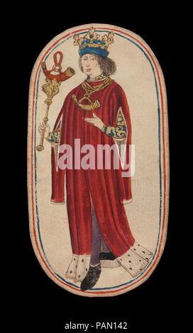 Re di corna, dal chiostro carte da gioco. Cultura: Netherlandish Sud. Dimensioni: 5 3/16 x 2 3/4 in. (13,2 × 7 cm). Data: ca. 1475-80. I Chiostri set di cinquantadue carte costituisce il solo noto ponte completo di ordinaria illuminata carte da gioco (al contrario di tarocchi) dal XV secolo. Ci sono quattro abiti, ciascuno costituito da un letto king, queen knave e dieci carte pip. La tuta simboli, basata su apparecchiature associate con la caccia, sono corni da caccia, cane collari, hound con cordini e gioco cappi. Il valore delle carte di pip è indicato da appositi ripetizioni del Foto Stock