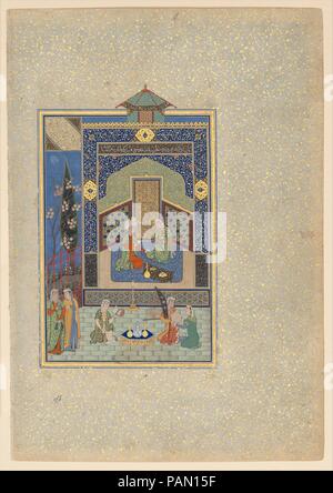 "Bahram Gur nel palazzo turchese mercoledì', Folio 216 da una Khamsa (quintetto) di Nizami. Artista: dipinto di Shaikh Zada. Autore: Nizami (Abu Ilyas Muhammad Nizam al-Din di Ganja) (probabilmente 1141-1217). Calligrapher: Sultan Muhammad Nur (ca. 1472-ca. 1536); Mahmud Muzahhib. Dimensioni: Pittura: H. 7 7/8 in. (20 cm) W.4 7/8 in. (12,4 cm) Pagina: H. 12 11/16 in. (32,2 cm) W. 8 3/4 in. (22,2 cm) tappeto: H. 19 1/4 in. (48,9 cm) W. 14 1/4 in. (36,2 cm). Data: datato A.H. 931/D.C. 1524-25. Il quarto della fine del XII secolo poeta persiano Nizami di cinque poemi, poi combinati per formare t Foto Stock